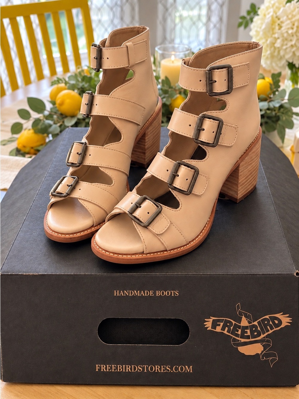 Freebird Quail Leather Buckle Cutout Heeled Sandals Booties Sand Size 9 NIB